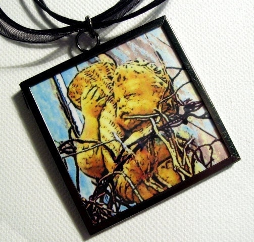Cherub Pendant, Wearable Art, Gothic Fine Art Cherub Statement Necklace, 2x2 Inch Photo Frame Pendant