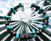Sterling silver Bone Turquoise bracelet, Black & white Bone, blue Turquoise sterling silver ethnic bracelet