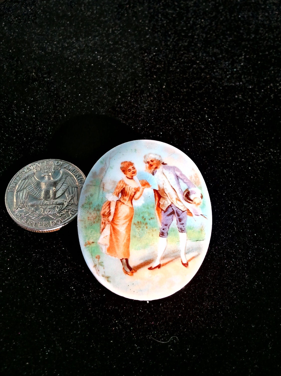 Vintage Brooch made in 1905, beautifully detailed painted porcelain brooch gentalman & lady courting
