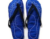 Footprints Fabric Flip Flop Sandals, Home Slippers Royal Blue Linen with Navy Straps