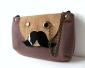 Mr. Mustache with Monocle Taupe Cross Body / Shoulder Bag or Clutch Purse with Adjustable & Detachable Black Faux Suede Strap