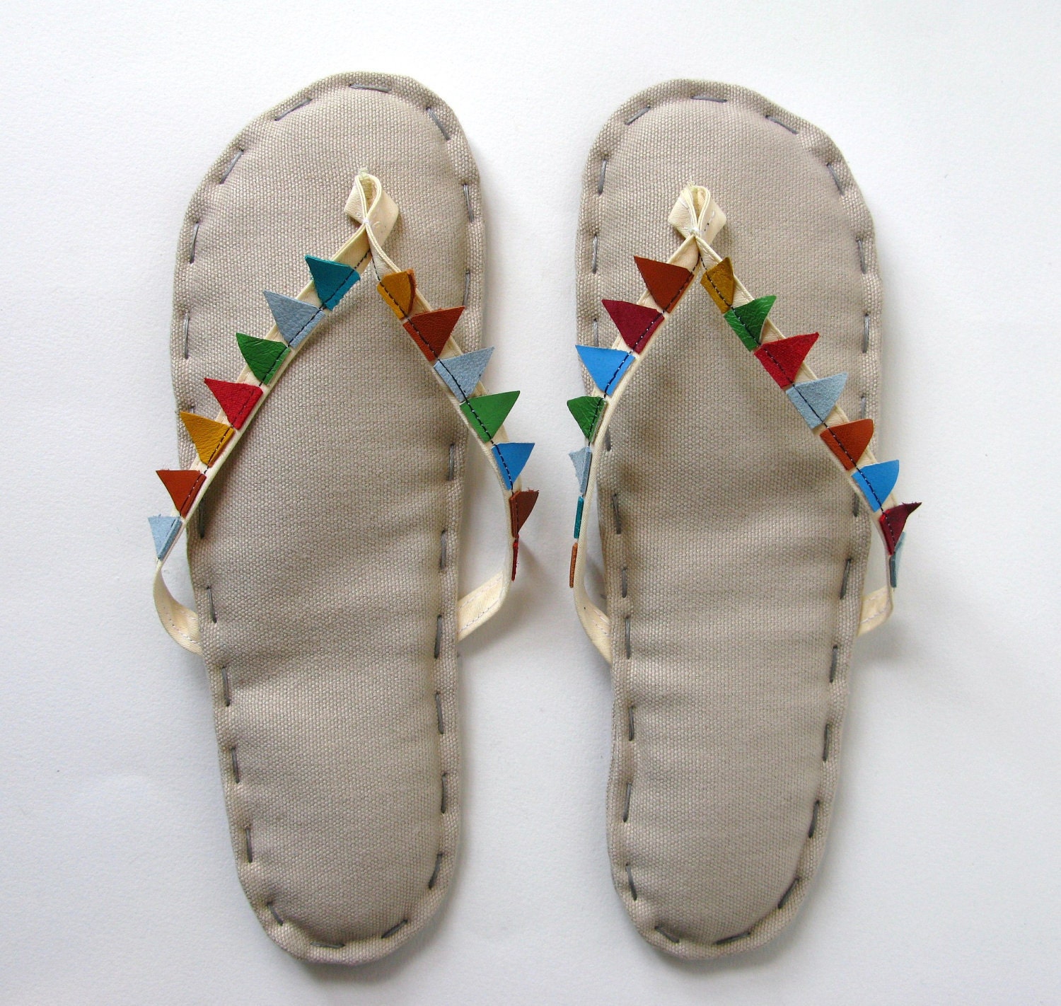 Bunting Banner Flags Fabric Flip Flop Sandals, Home Slippers Oatmeal Cotton with Cream Straps and Recycled Leather Flags