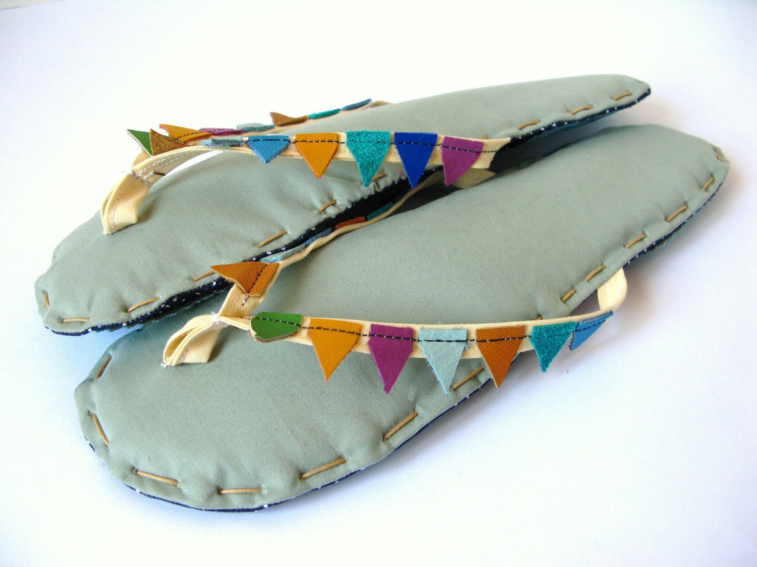 Bunting Banner Flags Fabric Flip Flop Sandals, Home Slippers Sage Greeen Cotton with Cream Straps and Recycled Leather Flags Colors