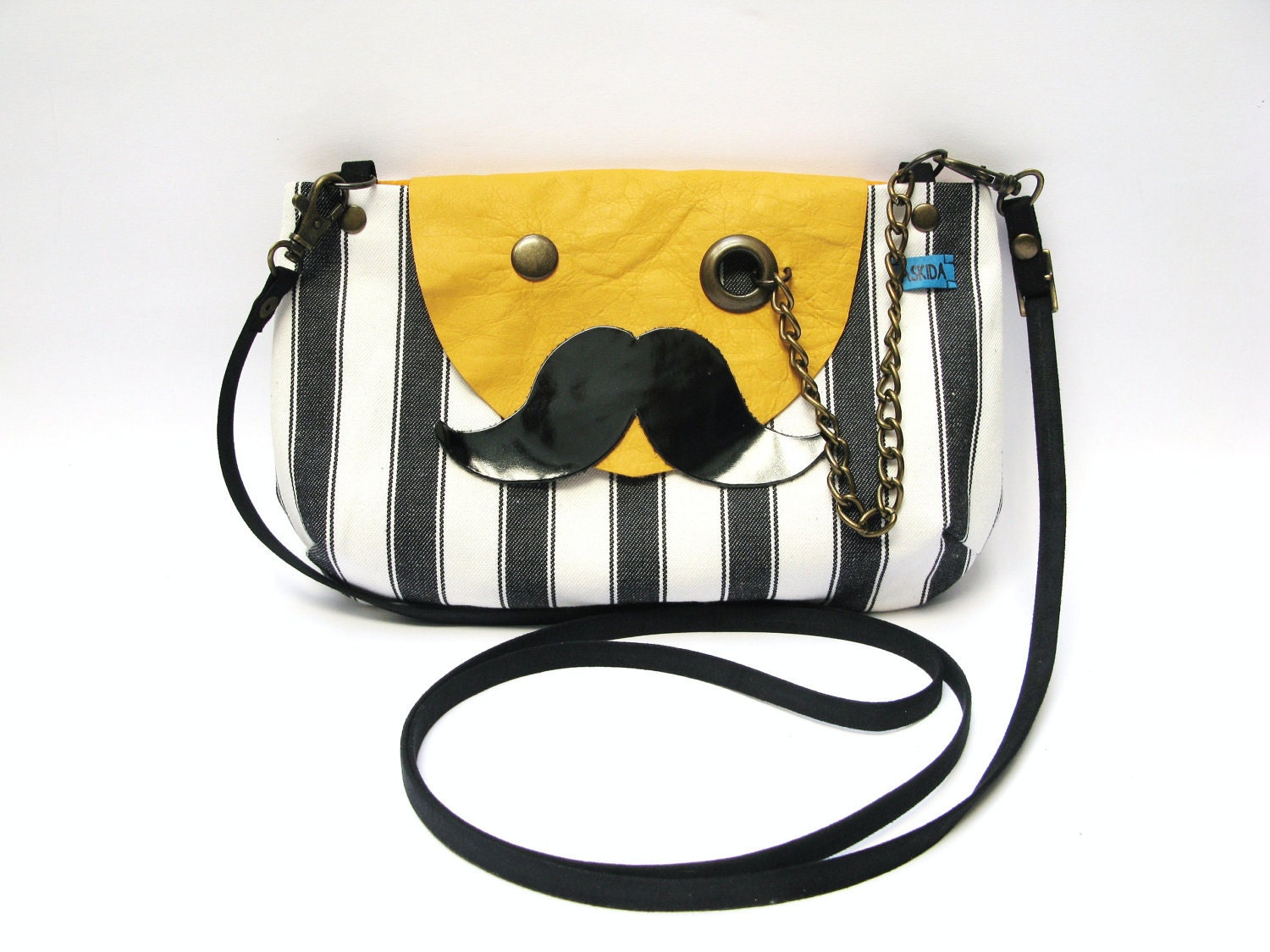 Mr. Mustache with Monocle Black&White Striped Cotton Yellow Leather Flap Cross Body Clutch Purse with Adjustable Detachable Faux Suede Strap