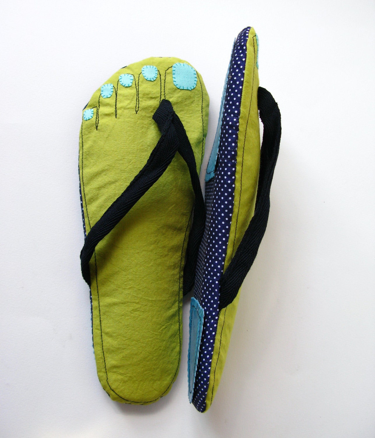 Barefoot, Feet Cotton Flip Flop Sandals, Home Slippers Olive Green Cotton with Navy Straps and Aqua Toe Nails