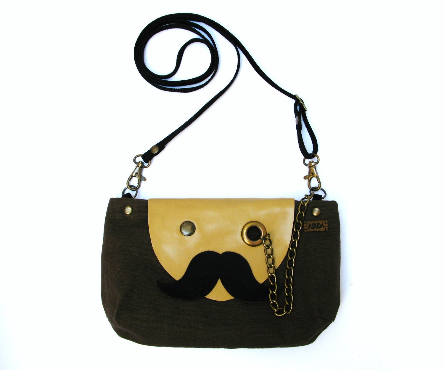 VEGAN Mr. Mustache with Monocle Brown Cotton Cross Body