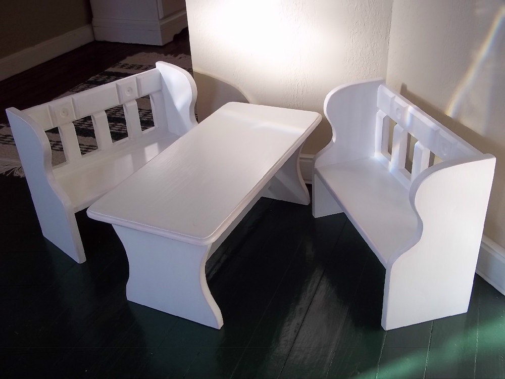 18 inch Doll Furniture Trestle Table and Deacon Benches for American Girl and other 18" dolls Shabby Chic