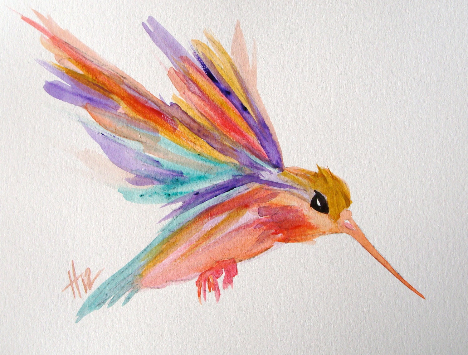 Humming bird, brightly colored, original watercolor painting