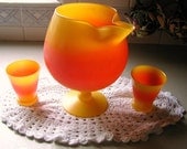 10% Discount..VINTAGE SALE 1950s Vintage Retro Orange Yellow Satin Art Glass Juice Decanter  Set
