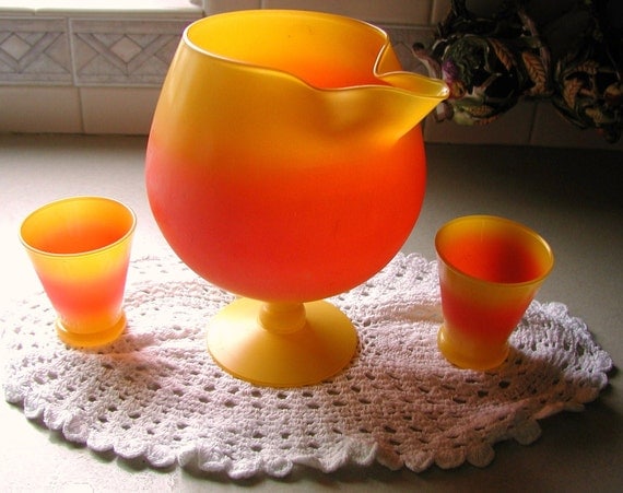10% Discount..VINTAGE SALE 1950s Vintage Retro Orange Yellow Satin Art Glass Juice Decanter Set