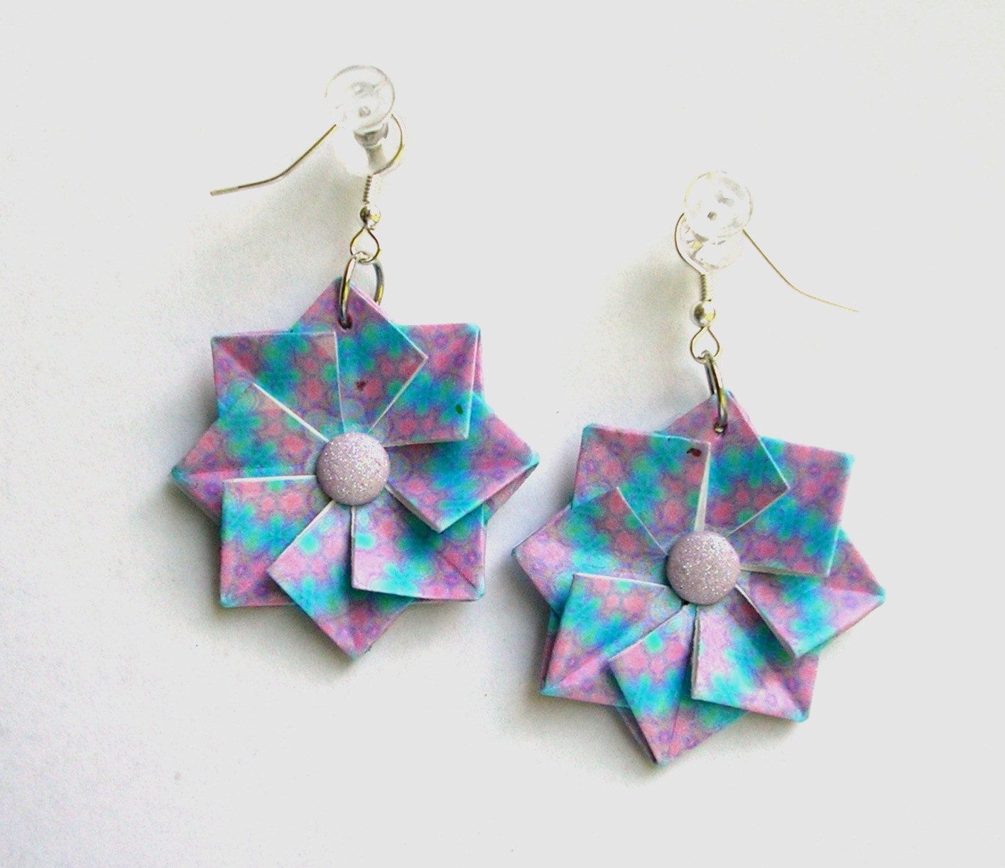 Origami Dangle Earrings - Soft Blue and Purple Paper Jewelry