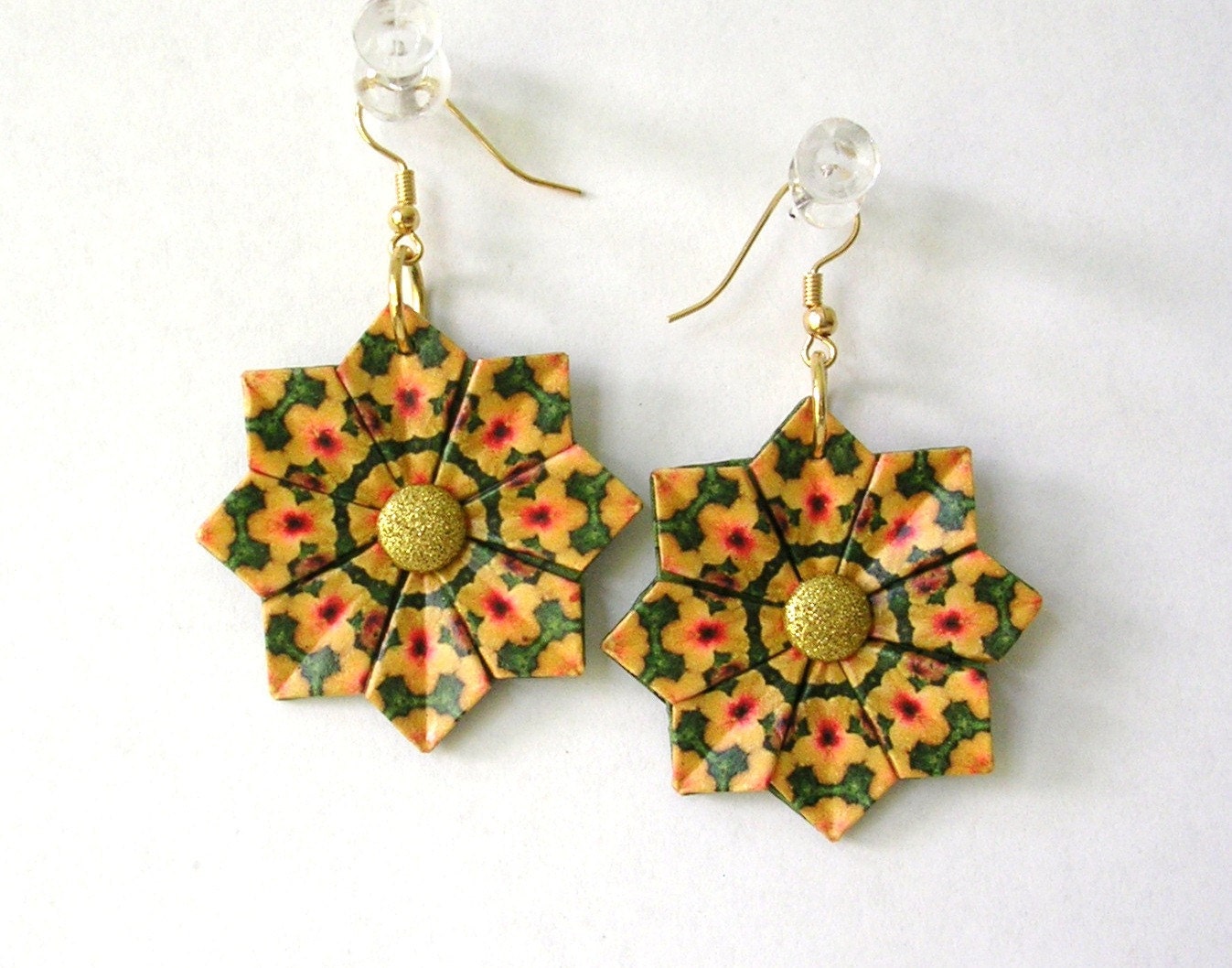 Origami Dangle Earrings Gold and Green Paper Jewelry
