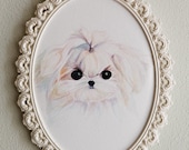 Cute Original Maltese Puppy Watercolor Painting 'Precious' in Ornate Shabby Chic Frame
