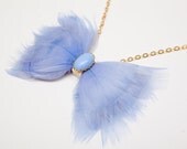 Lavender Feather Bow Tie Necklace w/ Upcycled Leather Center and Vintage Glass Cabochon