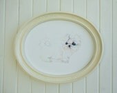 Ridiculously Cute Original Puppy Watercolor Painting in Cream Shabby Chic Frame