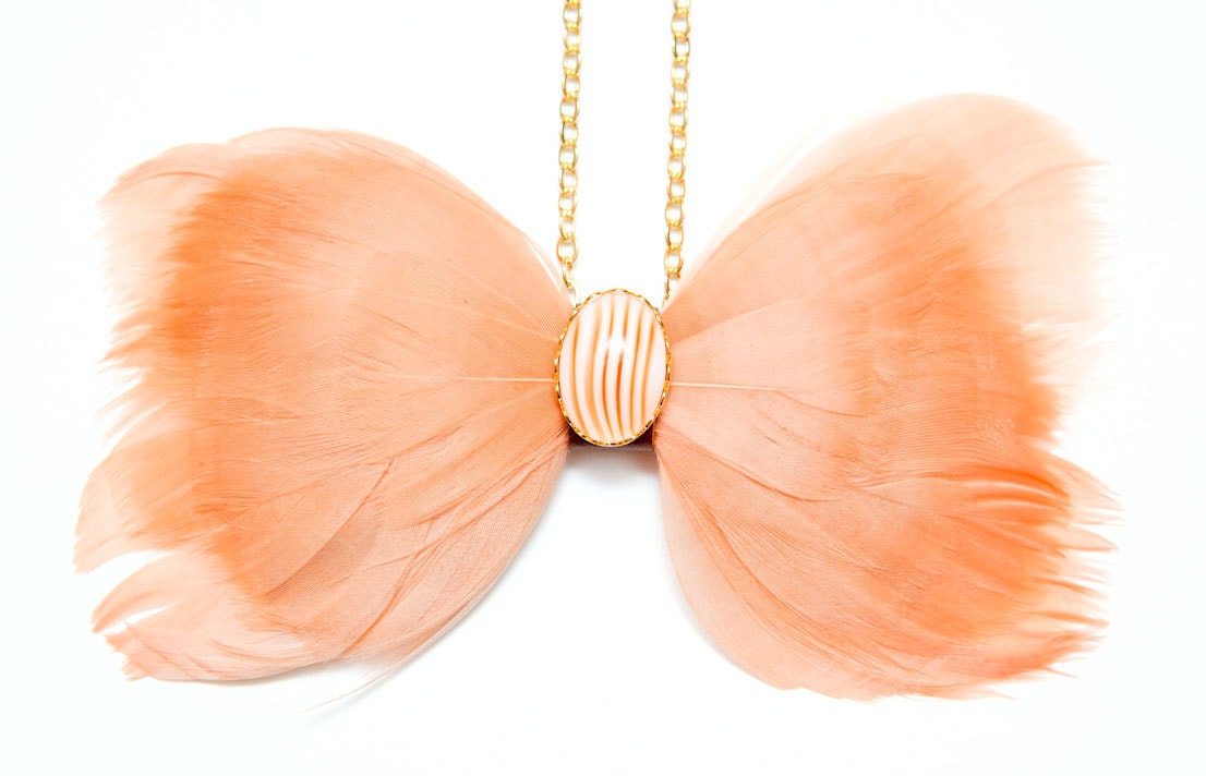 Peach Feather Bow Tie Necklace w/ Upcycled Leather and Vintage Cabochon