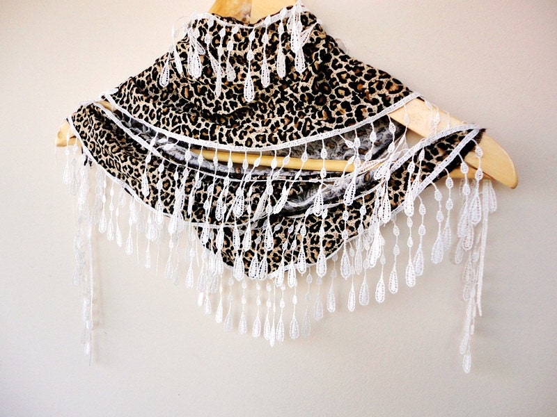 NEW LISTING Cotton Animal Print Scarf Adorned Fringed Guipure ,Bandana,Headband,Elegant