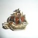 Vintage Damascene Pirate Ship Brooch Gold Red White Black Signed Spain 3 Dimensional Enameled Goldtone