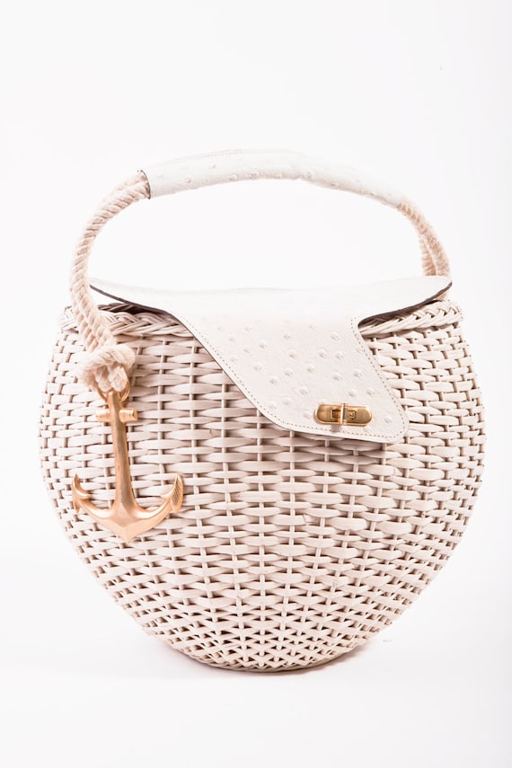 VINTAGE Tano Cream Wicker Leather Gold Anchor Spring/Summer Picnic Basket Bag