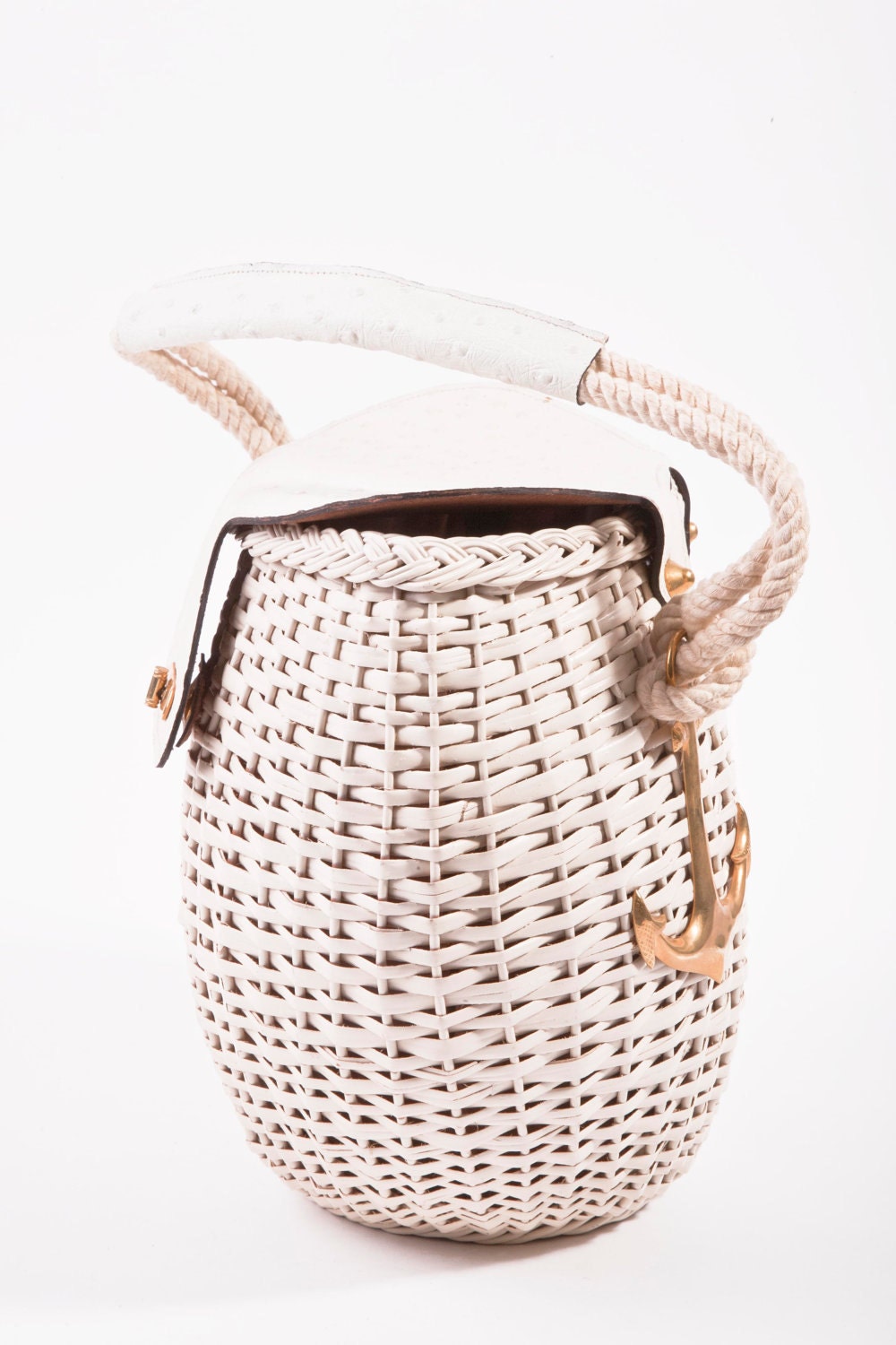 VINTAGE Tano Cream Wicker Leather Gold Anchor Spring/Summer Picnic Basket Bag