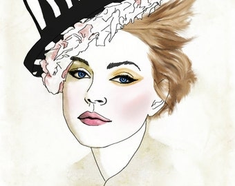 The Cat Eyes in the Hat -Fashion Illustration Drawing Mixed Media Fine Art Print