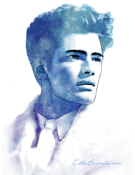 Hommes - Blue Watercolor Fashion Illustration Fine Art Giclée Print