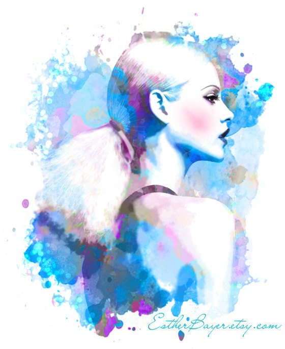 Violet Blue Drops- Watercolor Fashion Illustration Abstract Print