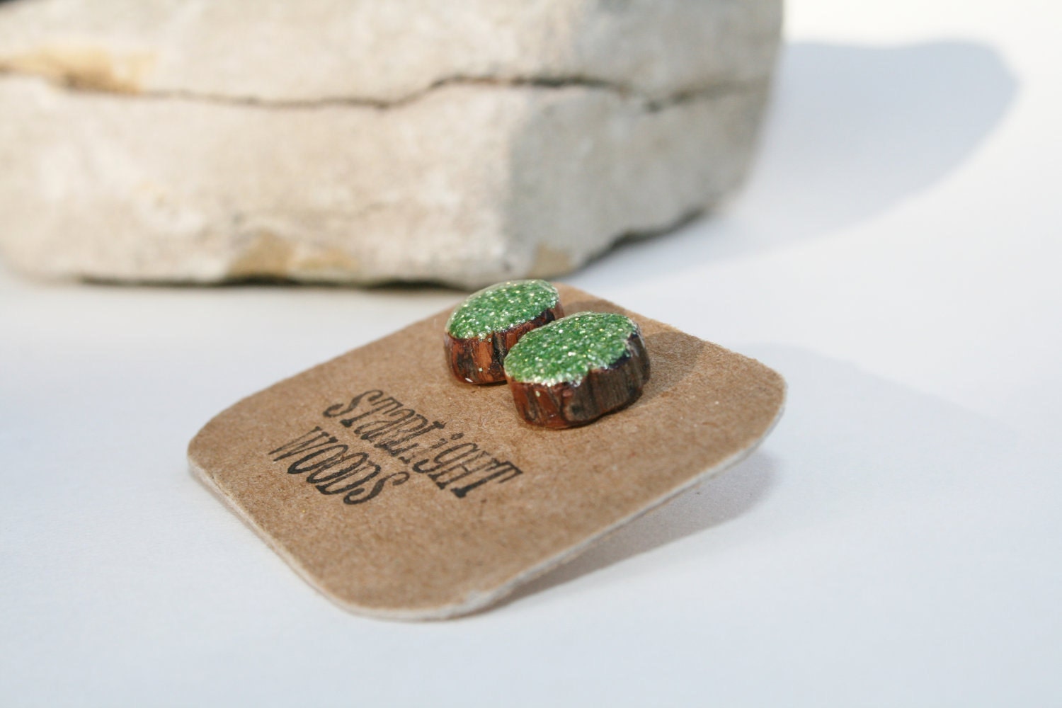 Earrings green sparkle stud wood earrings, reclaimed wood earrings, gift for nature lover, nature gift, eco-friendly, unique gift for her