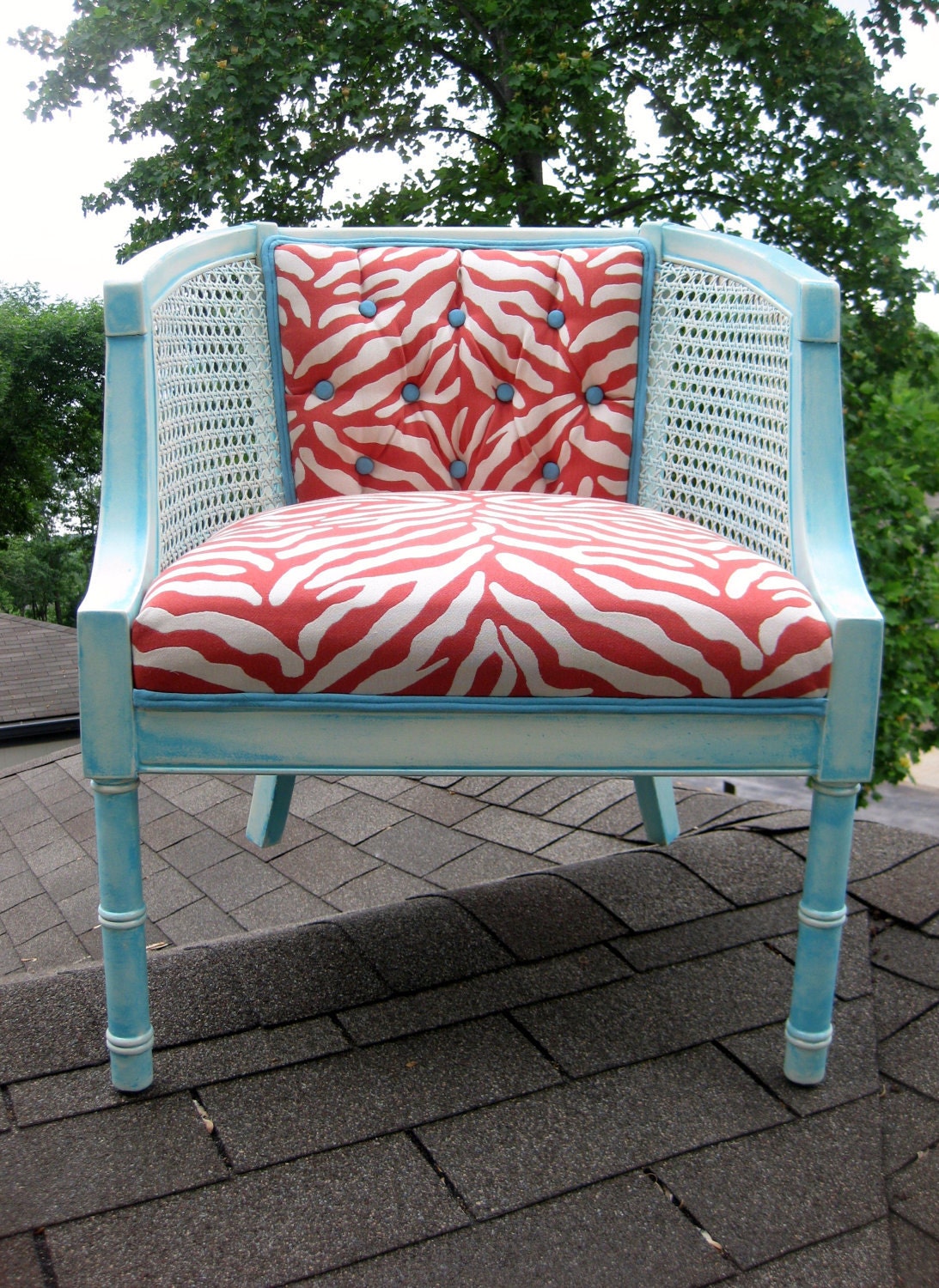 Coral Orange Peach Aqua Vintage Barrel Cane Side Chair