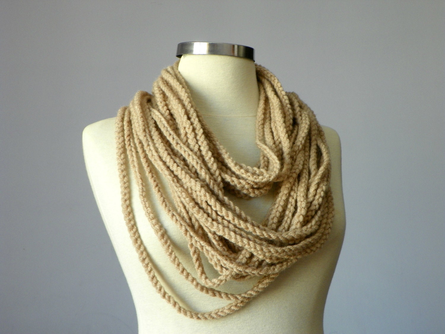 Crochet chain scarf, Crochet necklace, Beige wool yarn- handmade neckwarmer autumn - winter women accessories, fall - winter fashion