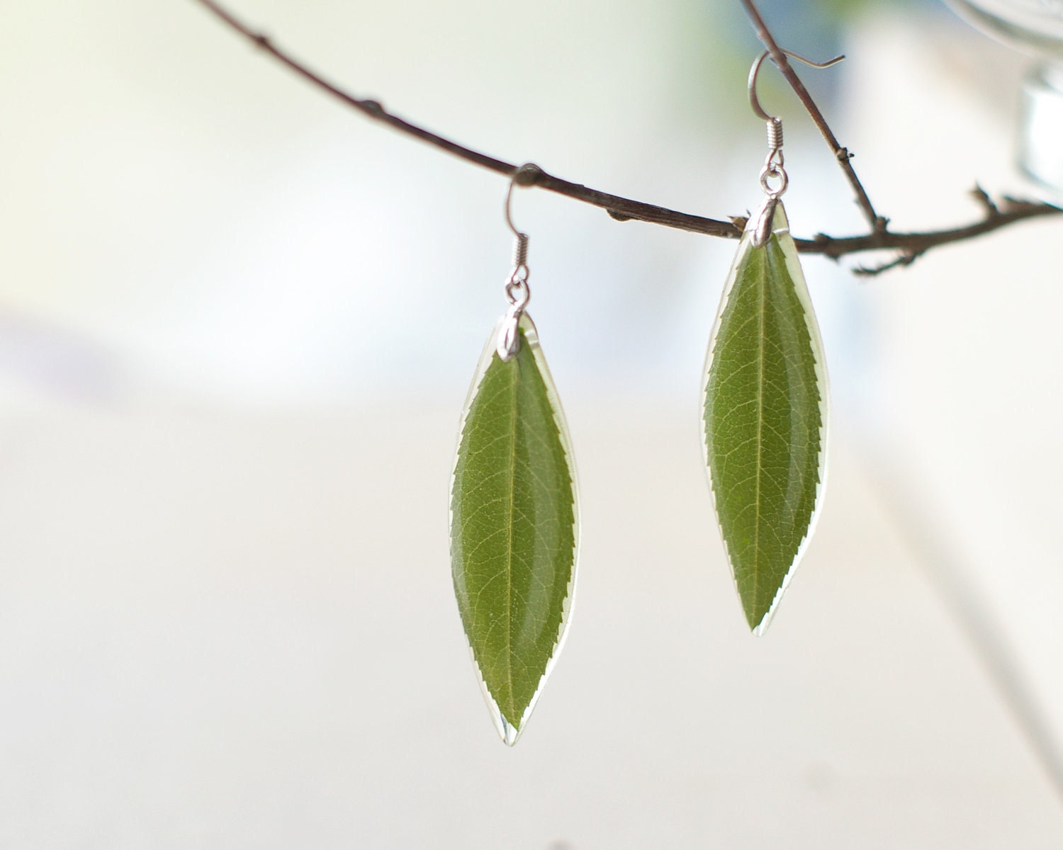 Real leaf earrings - Green nature inspired earrings - Amigdalus nana leaves