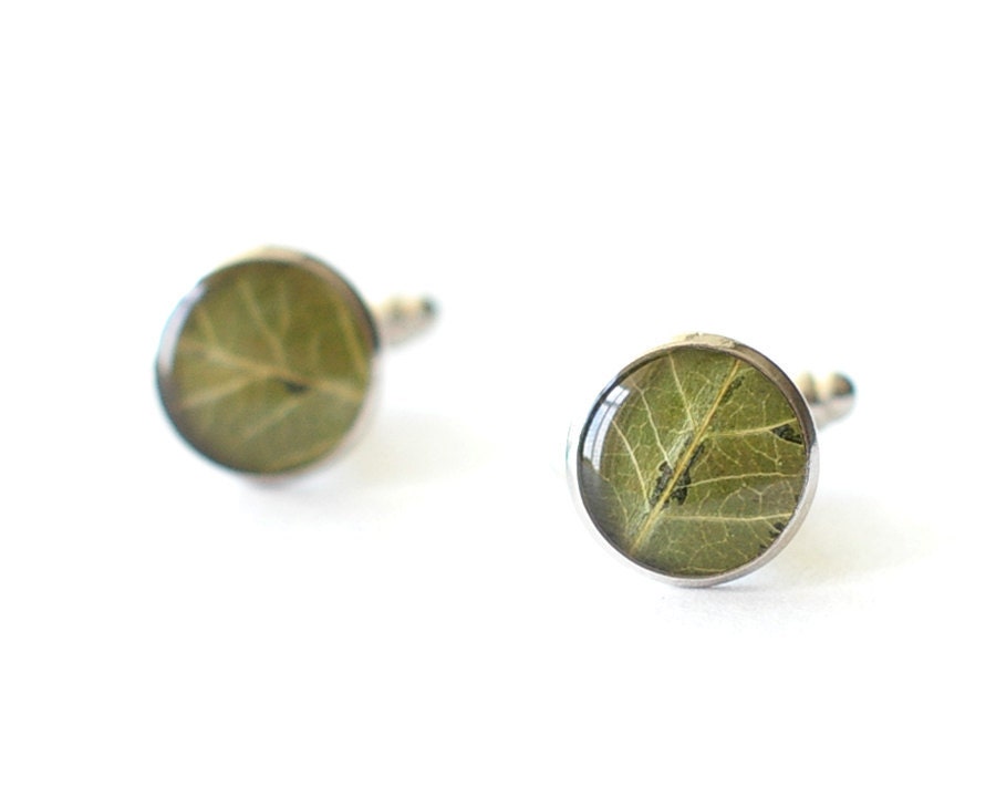 Real Leaf Cufflinks - green unusual resin cuff links - Malus baccata