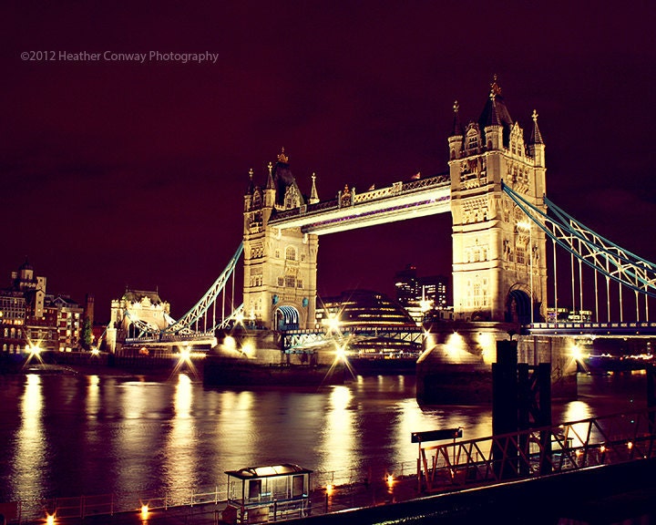 Tower Bridge, London - signed 8x10 print - Home Decor, Office Decor - Fine Art Photography, London Olympics, Deep Purple Sky, Golden Bridge
