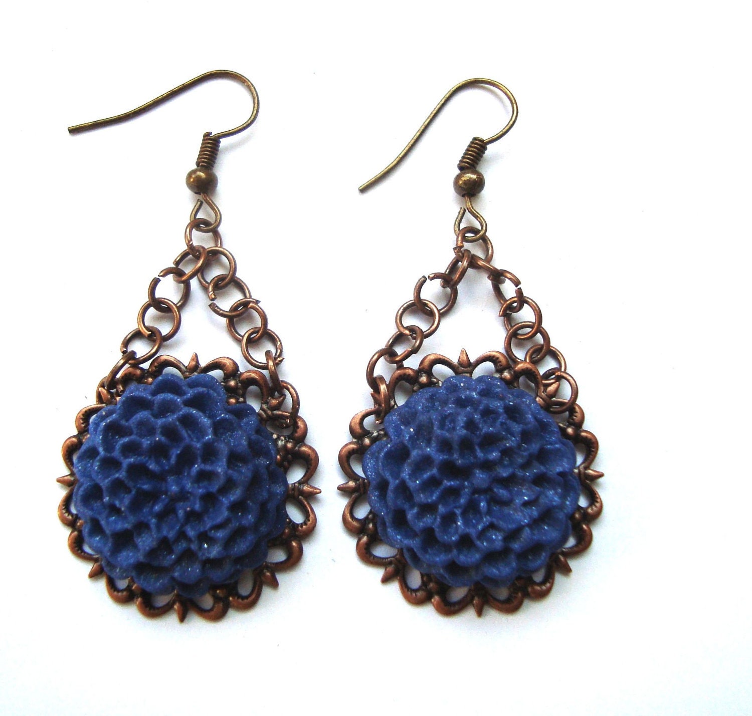 Vintage Inspired Flower Earrings. Blue Flower Earrings. Long Dangle Earrings. Antique Filigree Base. Flower Jewelry
