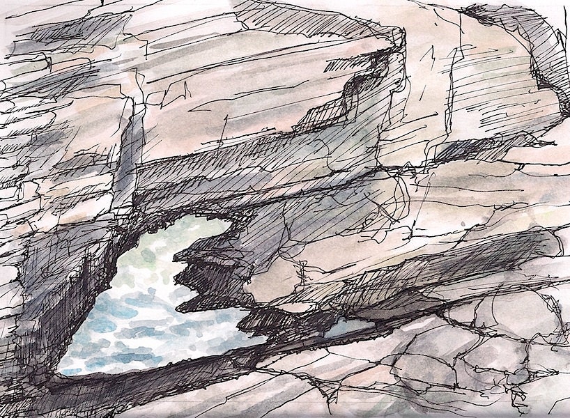 Hole in rocks to the blue green sea. Original watercolor, matted, framed signed 9x11