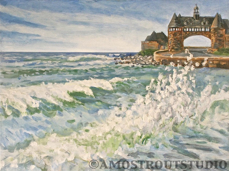 Original landscape painting of crashing waves near Narragansett towers 18x24