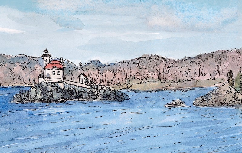 Original landscape painting fine art: Pomham Rocks Lighthouse, Rhode Island 9x11