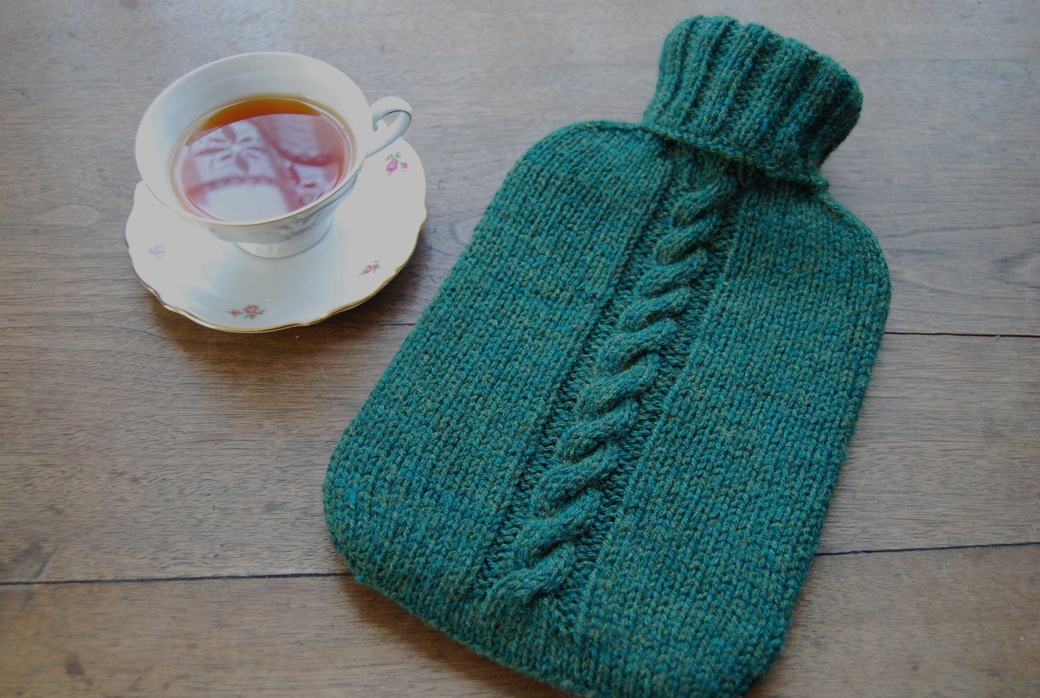 Dark Olive Green Knitted 1940's Hot Water Bottle Cover