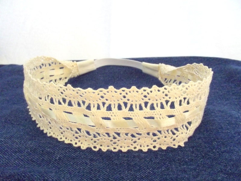 Wide Crochet Headband, Stretchy Headband, Cream Headband