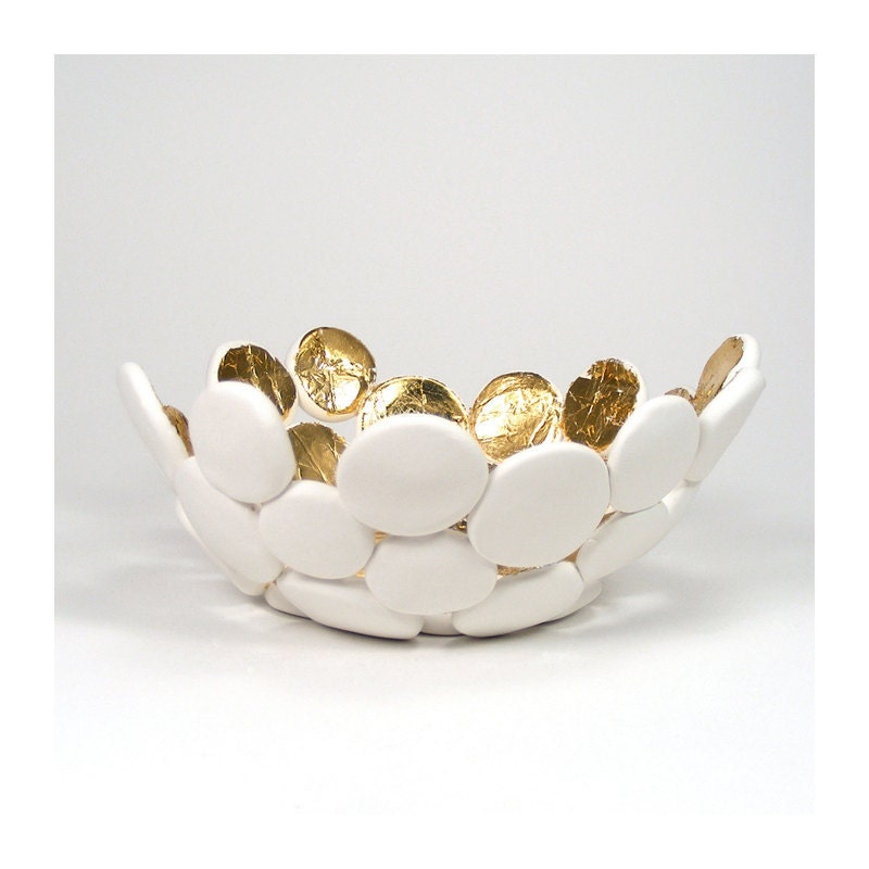 White Bubble Bowl with Gold - Luminosity / Gift under 40, Home Decor, Trinket Bowl, Home Accent, Candy Dish, Clay - mkwATELIER