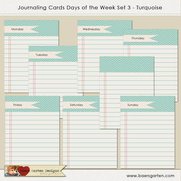 INSTANT DOWNLOAD - Printable Journaling Cards "Days of the Week 3 - Turquoise" - Project Life - Scrapbooking