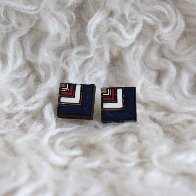Wood laser cut earrings studs - chevron, navy blue, red and white - diamond or square
