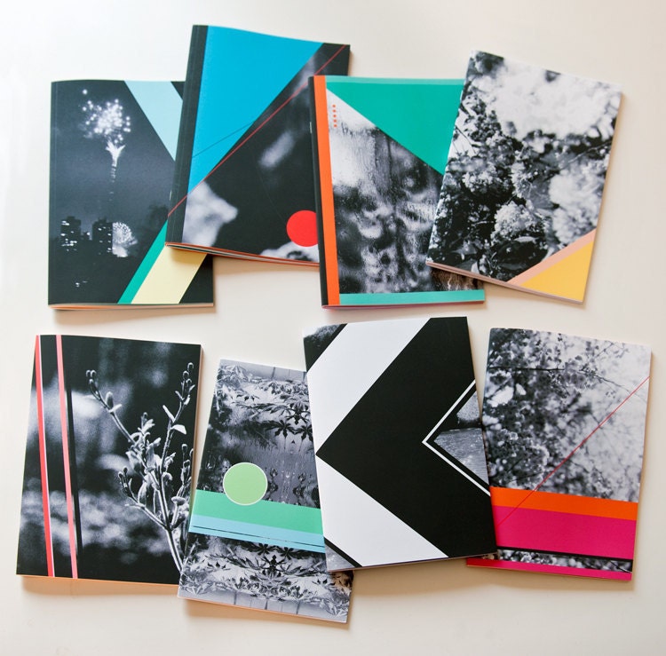 Notebook, A5 sized, green circle and geometric shapes with greenhouse photo cover, perfect bound