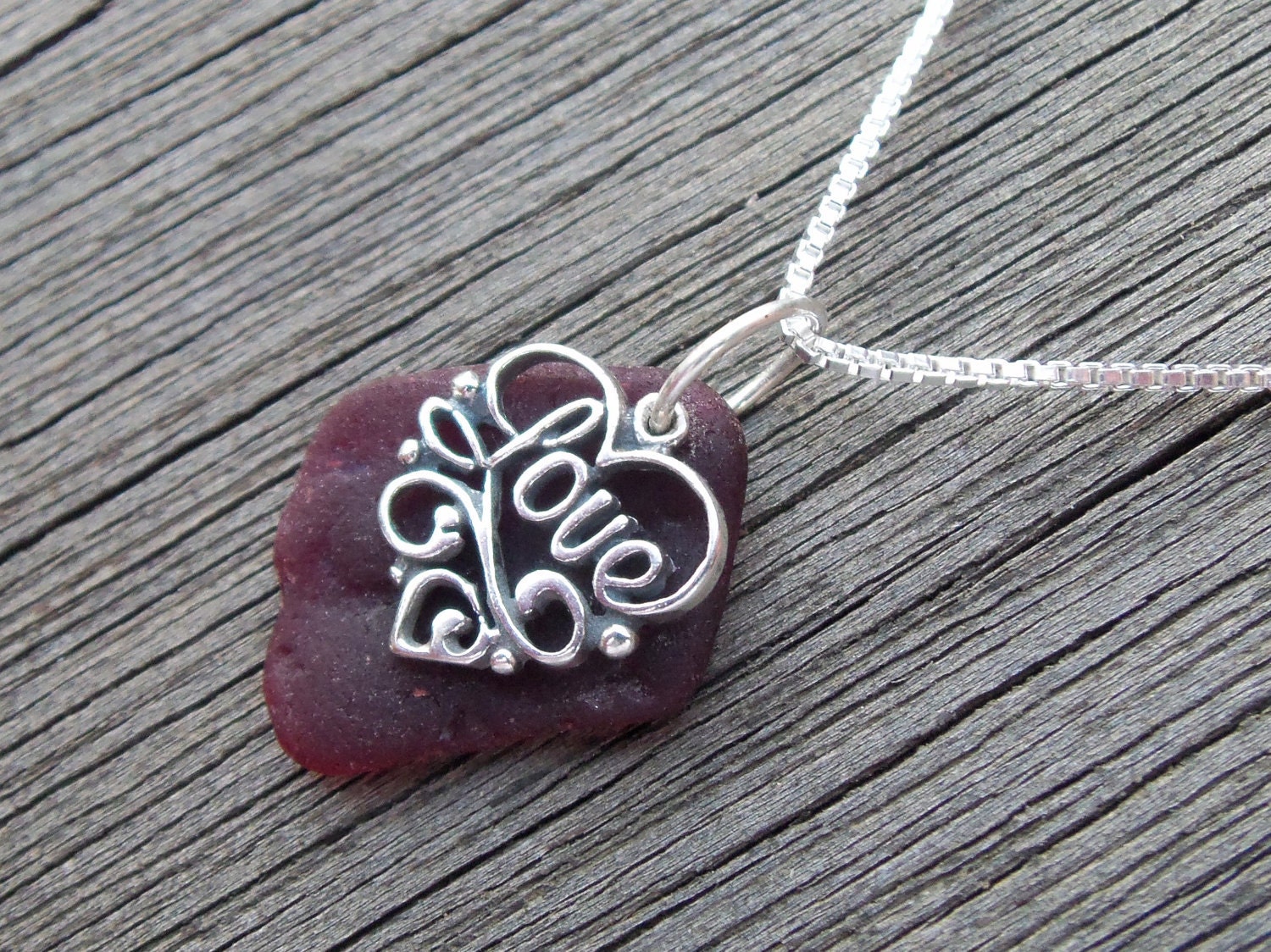 Sea glass necklace, Rare red sea glass with sterling silver Love charm
