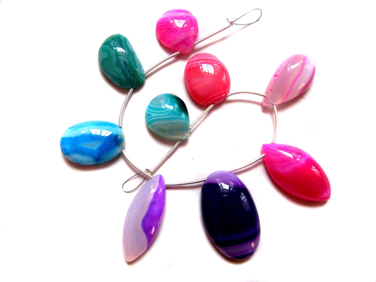 9 pieces of multi colour Stripted Agate beads , smooth polished , fine quality Cabochons , full strand of banded Agate beads