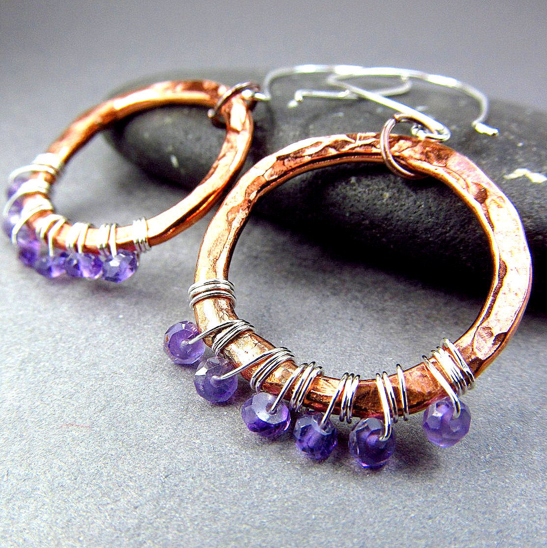 Amethyst Earrings Hammered Copper Rustic Jewelry Puple Gemstone Hoops Bohemian Earrings Gypsy  Fashion