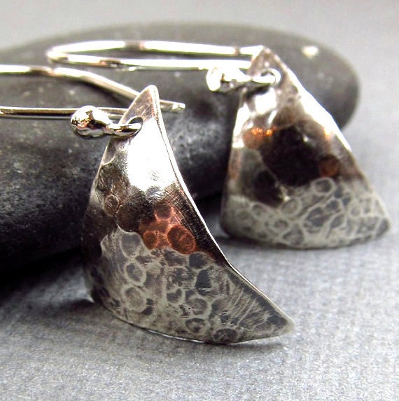 Silver Triangle Earrings Geometric Hammered Jewelry Mod Modern Domed Sterling Silver Earrings Oxidized Black