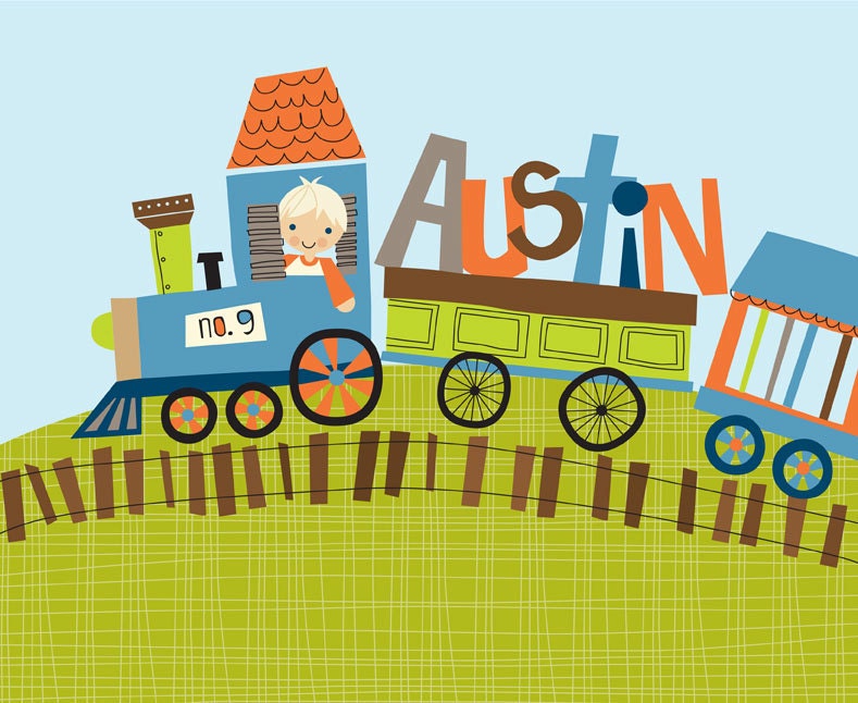 all aboard. little boy train 8 x 10 print. personalized. by Blue Bunny and Orange Nose