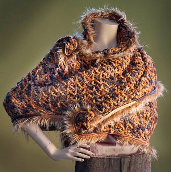 Big Wrap Cozy Shawl, Soft Knit Wool Wrap, Leather Trim, Faux Fur, Sculpting Wire