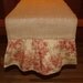 Lined Burlap Table Runner with Red and Ivory Toile Ruffle